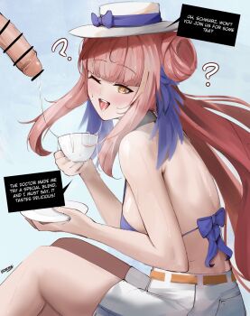 1boy 1girl ? arknights bar_censor bare_back bare_shoulders belt bikini blue_background blue_bikini blue_bow blue_camisole blue_feathers blunt_bangs bow breasts camisole censored ceylon_(arknights) ceylon_(holiday)_(arknights) cropped_legs cum cum_in_container cum_string cup dialogue_box double_bun english_text eroborne feather_hair feathers hair_bun hat hat_bow highres holding holding_cup holding_plate hypnosis light_blush long_hair medium_breasts mind_control one_eye_closed penis pink_hair plate saliva saliva_trail shorts sidelocks simple_background sitting solo_focus sweat sweatdrop swimsuit teeth tongue tongue_out upper_teeth_only watermark white_hat white_shorts yellow_eyes