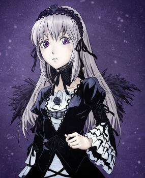 1girl akitu_kouta alternate_eye_color black_collar black_dress black_flower black_hairband black_ribbon black_rose black_wings breasts collar commentary_request detached_collar dress feathered_wings flower frilled_dress frills gothic_lolita grey_hair hair_ribbon hairband layered_dress lolita_fashion lolita_hairband long_hair looking_at_viewer neck_ribbon purple_background ribbon rose rozen_maiden small_breasts solo suigintou upper_body white_dress wings