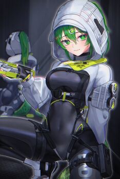 Rule 34 | 1girl, absurdres, arknights, arknights: endfield, black bodysuit, black gloves, bodysuit, boots, commentary, covered navel, cowboy shot, fingerless gloves, fluorite (arknights), geomiddang, gloves, green eyes, green hair, highres, hood, hood up, hooded shrug, lizard tail, long sleeves, looking at viewer, pouch, puffy long sleeves, puffy sleeves, reflection, reptile girl, shrug (clothing), smile, solo focus, tail, thigh pouch, thigh strap, white boots, white shrug
