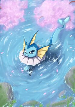 Rule 34 | :3, animal focus, blue eyes, blue fur, blue sclera, cetacean tail, cherry blossoms, closed mouth, colored sclera, commentary request, fins, fish tail, forked tail, gen 1 pokemon, giovanni (giogiofx0083), head fins, nintendo, no humans, petals, pokemon, pokemon (creature), pokemon focus, rock, smile, solo, swimming, tail, vaporeon, water