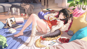 1girl ass bag black_hair bow bowl breasts bubble_tea carrot_hair_ornament carrot_print cellphone chinese_commentary coat commentary_request computer couch dragon_girl dragon_horns dragon_tail dress dress_bow feet food food-themed_hair_ornament food_print frills fruit full_body hair_between_eyes hair_ornament handbag handheld_game_console hands_up head_tilt heart heart-shaped_pillow highres horns indie_virtual_youtuber indoors jacket kneehighs knees_together_feet_apart knees_up laptop large_breasts li_mo_sumi long_hair long_sleeves longyu_(17767756) lying mat mole mole_under_eye on_back one_eye_closed open_clothes open_jacket open_mouth panties phone pillow plant pom_pom_(clothes) red_dress red_panties shopping_bag single_bare_foot smartphone socks solo stairs star-shaped_pillow striped_pillow sweater_jacket tail tail_bow tail_ornament underwear unworn_coat very_long_hair virtual_youtuber yellow_bow yellow_eyes yellow_horns