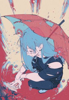 1boy black_pants black_shirt closed_mouth clothing_cutout commentary cursed_spirit_(jujutsu_kaisen) hair_behind_ear highres holding holding_umbrella jujutsu_kaisen long_hair looking_down mahito_(jujutsu_kaisen) male_focus mim_(mimya0600) pants parted_bangs rain shirt smile solo squatting stitched_arm stitched_face stitched_neck stitched_wrist stitches umbrella water_drop