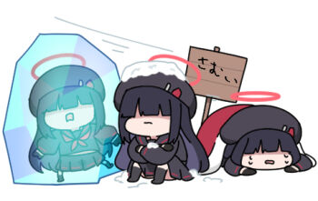 3girls beret black_gloves black_hair black_hat black_sailor_collar black_serafuku black_shirt black_skirt black_socks blanket blue_archive chibi commentary_request crying frozen gloves hat justice_task_force_member_(blue_archive) knees_up long_hair lowres multiple_girls no_shoes nyaru_(nyaru_4126) open_mouth pleated_skirt sailor_collar school_uniform serafuku shirt sign simple_background skirt snow socks tears translation_request very_long_hair white_background wind
