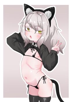 1girl absurdres anal_beads anal_tail animal_ears arm_behind_head bikini black_legwear black_shrug black_thighhighs blush border butt_plug cowboy_shot fake_animal_ears fake_tail fang female_focus flat_chest from_side green_eyes grey_hair highres loli looking_at_viewer micro_bikini navel open_mouth original outline pink_background samus123 sex_toy shrug_(clothing) simple_background skindentation solo standing swimsuit tail thighhighs v white_border white_outline