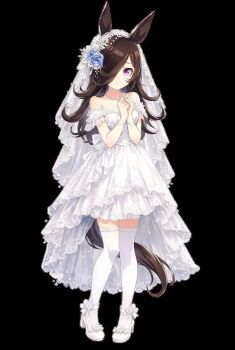 Rule 34 | 1girl, animal ears, bare shoulders, black background, black hair, black tail, blue flower, blue rose, blush, breasts, bridal veil, bride, cleavage, collarbone, cygames, dot nose, dress, female focus, flower, flower on head, full body, hair over one eye, high heels, highres, horse ears, horse girl, horse tail, jewelry, kneehighs, legs, looking at viewer, medium skirt, necklace, no bra, official art, overskirt, purple eyes, rice shower (umamusume), rose, simple background, skirt, sleeveless, sleeveless dress, small breasts, socks, solo, solo focus, tail, thighhighs, thighs, third-party edit, veil, wedding dress, white dress, white skirt, white thighhighs, white veil, zettai ryouiki