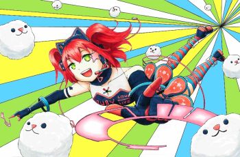 1girl animal_ear_headphones animal_ears aqua_eyes artist_name artist_request bare_shoulders black_gloves blush breasts cat_ear_headphones cat_ears cleavage collarbone cyber fake_animal_ears female_focus fingerless_gloves gloves headphones kurosawa_ruby level5ked looking_at_viewer love_live! love_live!_school_idol_festival love_live!_sunshine!! orange_skirt red_hair shoes short_hair skirt solo star_(symbol) star_tattoo striped_legwear tattoo twintails