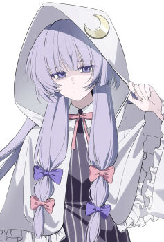 1girl absurdres adjusting_clothes adjusting_hood black_dress blunt_bangs bow capelet collared_shirt commentary crescent crescent_pin dress frilled_capelet frills hair_bow hand_up highres hood hood_up hooded_capelet kiliko-san long_hair low-tied_sidelocks multiple_hair_bows neck_ribbon patchouli_knowledge pink_bow purple_bow purple_eyes purple_hair ribbon shirt sidelocks simple_background solo striped_clothes striped_dress striped_shirt touhou upper_body vertical-striped_clothes vertical-striped_dress white_background white_capelet