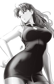 1girl absurdres breasts commentary commission contrapposto cowboy_shot cross cross_necklace dress earrings english_commentary greyscale hand_on_own_hip hatching_(texture) highres jewelry katsuragi_misato large_breasts linear_hatching long_hair looking_to_the_side monochrome mostlybluewyatt necklace neon_genesis_evangelion pantyhose parted_lips pixiv_commission short_dress signature simple_background sleeveless sleeveless_dress solo standing stud_earrings
