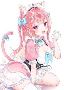 Rule 34 | 1girl, ahoge, animal ears, animal print, bell, blue bow, blue ribbon, blush, bow, braid, breasts, cat ears, cat girl, cat hair ornament, cat print, cat tail, claw pose, cleavage, commentary, dress, extra ears, garter straps, gloves, hair bow, hair ornament, hairclip, heart, heart print, highres, indie virtual youtuber, jingle bell, large breasts, long hair, looking at viewer, maid, maid headdress, neck bell, neck ribbon, open mouth, pink bow, pink dress, pink eyes, pink hair, pink tail, ribbon, shoes, short sleeves, signature, simple background, single garter strap, single thighhigh, sitting, smile, solo, star (symbol), star hair ornament, suzuna (agzh5344), tail, tail ornament, tail ribbon, thighhighs, thighs, two side up, virtual youtuber, wariza, white background, white garter straps, white gloves, white shoes, white thighhighs, yuuki sakuna, yuuki sakuna (3rd costume)