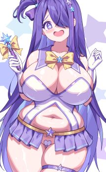 1girl absurdres blush breasts brown_dust_(series) brown_dust_2 cleavage commentary curvy hair_over_one_eye heart_maebari highres holding holding_wand huge_breasts long_hair looking_at_viewer maebari multicolored_hair navel open_mouth palette_(brown_dust) palette_(miracle_violet)_(brown_dust) piao_mao purple_eyes purple_hair smile solo star_(symbol) star_wand streaked_hair thighs untranslatable_commentary very_long_hair wand wide_hips