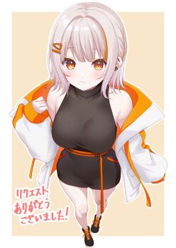 1girl absurdres bare_shoulders black_shoes black_shorts black_sweater blush border closed_mouth commentary_request commission full_body grey_hair hand_up highres indie_virtual_youtuber jacket long_sleeves looking_at_viewer off_shoulder open_clothes open_jacket orange_eyes outline outside_border pixiv_commission shoes short_hair shorts simple_background sleeveless sleeveless_sweater sneakers solo standing sweater toketa-sekai turtleneck turtleneck_sweater virtual_youtuber white_border white_jacket white_outline yellow_background yuzuki_kiiro
