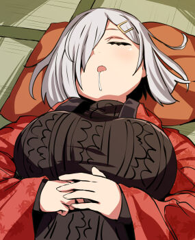 1girl belko breasts closed_eyes drooling female_focus hair_ornament hair_over_one_eye hairclip hamakaze_(kancolle) highres kantai_collection large_breasts lying on_back saliva saliva_trail sleeping solo