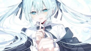 1girl black_bow black_ribbon blue_eyes blue_hair blurry blurry_foreground blush bow commentary_request finger_to_mouth floating_hair hair_between_eyes hair_ribbon highres long_hair looking_at_viewer original parted_lips ribbon shirt sparkle twintails water_drop white_shirt yakinikusakoku