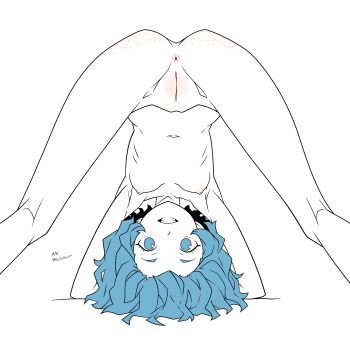 absurdres anus armpits artist_name ass_freckles berserk blue_eyes blue_hair body_freckles breasts chest_freckles cleft_of_venus collarbone completely_nude feet_out_of_frame flat_color freckles from_behind grin highres isma limited_palette loli looking_at_viewer looking_through_own_legs nalathorm navel nipples nude parted_lips partially_colored pussy ribs sharp_teeth short_hair simple_background skinny small_breasts smile teeth top-down_bottom-up twitter_username upside-down wavy_hair white_background