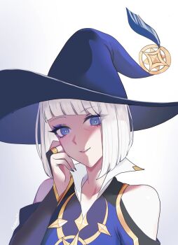 Rule 34 | 1girl, aoiabyss, barbeloth (genshin impact), black gloves, blue eyes, blue eyeshadow, blue hat, blunt bangs, bob cut, bridal gauntlets, clothing cutout, commentary, eyeshadow, genshin impact, gloves, hat, highres, jewelry, looking at viewer, makeup, parted lips, ring, short hair, shoulder cutout, simple background, smile, solo, upper body, white background, white hair, witch hat