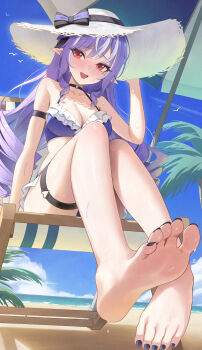 1girl absurdres arm_strap bare_legs bare_shoulders barefoot beach_umbrella bikini black_bow black_nails blue_sky blush bow breasts cleavage collarbone commentary day feet from_below fur_thigh_strap hand_up hat hat_bow highres keikei_(kitty_colors) legs long_hair looking_at_viewer medium_breasts mole mole_under_eye multicolored_hair nail_polish nose_blush open_mouth outdoors pointy_ears purple_bikini purple_hair red_eyes sidelocks sitting sky smile soles solo streaked_hair swimsuit toenail_polish toenails toes umbrella vivian_banshee white_hat zenless_zone_zero