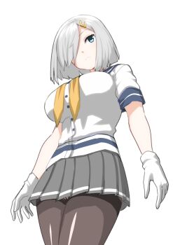 Rule 34 | 1girl, 30-06, black pantyhose, blue eyes, blush, breasts, commentary, from below, gloves, grey hair, grey sailor collar, grey skirt, hair ornament, hair over one eye, hairclip, hamakaze (kancolle), highres, kantai collection, large breasts, looking at viewer, neckerchief, panties, pantyhose, pantyshot, pleated skirt, sailor collar, school uniform, serafuku, short hair, short sleeves, skirt, solo, thighband pantyhose, underwear, white background, white gloves, yellow neckerchief