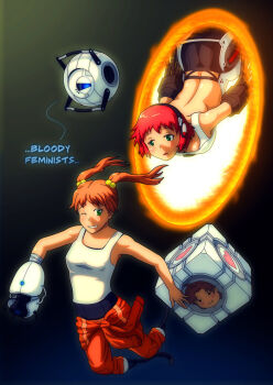 2girls amputee aperture_science_handheld_portal_device aperture_science_weighted_companion_cube ass back breasts chell chell_(cosplay) cleavage cosplay downblouse glados glados_(cosplay) green_eyes hair_bobbles hair_ornament ibarazaki_emi jumpsuit katawa_shoujo legless_amputee multiple_girls nakai_hisao one_eye_closed orange_hair orange_jumpsuit portal portal_(object) portal_(series) portal_1 portal_2 prosthesis red_hair tank_top tezuka_rin twintails upside-down valve wheatley wink
