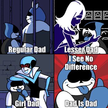 1girl 3boys absurdres blue_lips blue_skin blue_tongue child clown_owo colored_skin colored_tongue commentary deltarune elbow_gloves english_commentary english_text family gloves highres i_see_no_difference_(meme) indoors king_(deltarune) lancer_(deltarune) leotard meme mole mole_under_eye multiple_boys open_mouth prison_cell queen_(deltarune) rouxls_kaard sitting teeth thumbs_up tongue tongue_out utdr_(toby_fox) white_hair white_skin