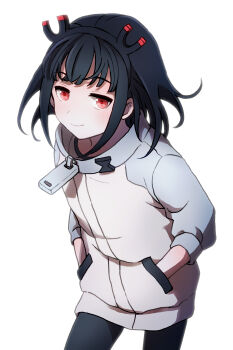 black_hair black_hairband black_pantyhose blunt_bangs commentary_request grey_sweater hairband hands_in_pockets highres jitomi_monoe long_sleeves looking_at_viewer magnet pantyhose red_eyes sakomdms simple_background smile sweater two-tone_sweater virtual_youtuber voms white_background white_sweater zipper_pull_tab