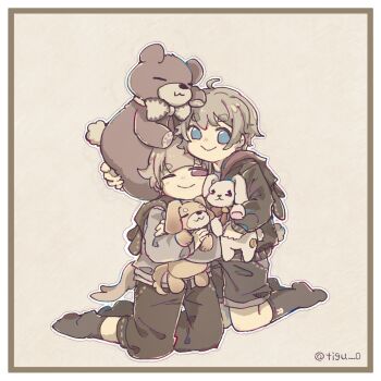 Rule 34 | 2boys, ahoge, animal, bear, black shirt, black shorts, black socks, blue eyes, blunt banga, border, chigu, closed mouth, commentary request, dog, full body, gren shirt, grey background, grey hair, highres, holding, holding animal, kneehighs, kneeling, long sleeves, male focus, multiple boys, no shoes, original, outline, purple eyes, rabbit, shirt, short hair, shorts, simple background, socks, thick eyebrows, twitter username, white border, white outline