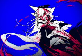 arknights ascot black_cape black_gloves blood blood_on_clothes blood_on_face blood_splatter blue_background cape capelet chaps cowboy_shot floating_hair gloves hair_between_eyes hair_over_eyes hat highres holding holding_sword holding_weapon limited_palette long_hair navel pants red_eyes shirt short_sleeves skadi_(arknights) sword theta_(swfh8575) very_long_hair weapon white_hair