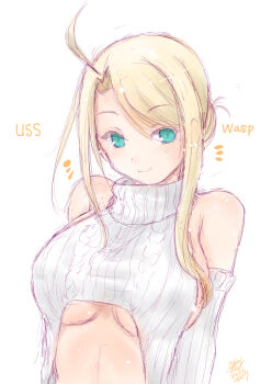 Rule 34 | 1girl, ahoge, aqua eyes, blonde hair, breasts, character name, commentary request, detached sleeves, hair bun, kantai collection, koshigaya tatsumi, large breasts, long hair, ribbed sweater, sidelocks, simple background, single hair bun, sleeveless, sleeveless sweater, solo, sweater, turtleneck, turtleneck sweater, underboob, upper body, virgin destroyer sweater, wasp (kancolle), white background, white sweater