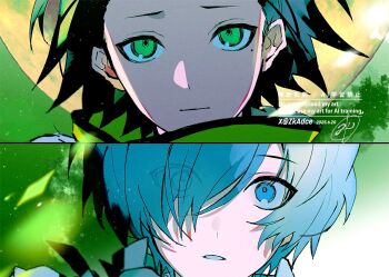 2boys :| black_hair blue_hair close-up closed_mouth commentary_request dated eyes_visible_through_hair full_moon green_eyes green_sky hair_over_one_eye light_particles looking_at_viewer male_focus medium_hair mochizuki_ryouji mole mole_under_eye moon multiple_boys parted_lips persona persona_3 portrait scarf short_hair signature sky split_screen twitter_username yellow_scarf yuuki_makoto_(persona_3) zeka_(skzk_cm)