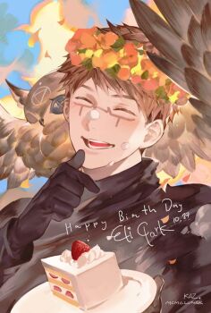 1boy :d ^_^ bird black_gloves brown_hair cake cake_slice character_name closed_eyes commentary eli_clark english_commentary facial_mark food gloves grin happy_birthday head_wreath holding holding_plate identity_v male_focus mcmclunar_(kaz) no_blindfold open_mouth owl plate portrait short_hair smile solo strawberry_shortcake twitter_username