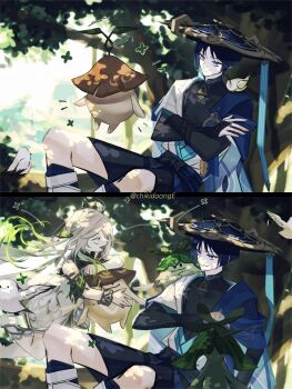 1boy 1girl absurdres animal animal_on_shoulder aranara_(genshin_impact) armlet armor belt bird bird_on_shoulder black_belt black_bodysuit black_border black_bow black_bridal_gauntlets black_leggings black_shorts blue_cape blue_eyes blue_hair blue_hat blue_kimono blue_rope blue_sash bodysuit border bow bracelet bridal_gauntlets cape chikidoong creature crossed_arms detached_sleeves dress eyeliner eyeshadow feathers finch fingernails fringe_trim genshin_impact gold gold_trim green_eyes green_hair green_sleeves hair_ornament half_crown_braid han'eri hand_on_own_arm hat highres holding holding_creature in_tree japanese_armor japanese_clothes jewelry jingasa kimono kote kurokote layered_kimono leaf leaf_hair_ornament leg_warmers leggings long_hair looking_at_another looking_at_creature makeup mandarin_collar middle_ring multicolored_hair nahida_(genshin_impact) open_clothes open_hand open_kimono open_mouth outdoors pointy_ears purple_rope red_eyeliner red_eyeshadow rope sanpaku sash scaramouche_(genshin_impact) sequential short_sleeves shorts side_ponytail sidelocks sitting sitting_in_tree streaked_hair sweatdrop tree twitter_username vision_(genshin_impact) wanderer_(genshin_impact) white_dress white_footwear white_hair white_kimono white_leg_warmers white_mouth white_sleeves yellow_feathers