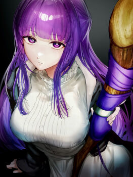 1girl absurdres black_jacket breasts closed_mouth dress expressionless fern_(sousou_no_frieren) highres holding holding_staff jacket large_breasts long_hair looking_at_viewer purple_eyes purple_hair solo sousou_no_frieren sow_graden429 staff white_dress