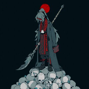 Rule 34 | 1boy, black background, black hair, black robe, blue sky, chengnnnan, commentary request, full body, glaive (polearm), high ponytail, highres, holding, holding polearm, holding weapon, hong lu (project moon), hongyuan (identity) (project moon), limbus company, male focus, polearm, ponytail, project moon, robe, simple background, skull, sky, solo, standing, weapon