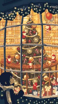 1girl 6+boys animated animated_gif beard black_hair black_jacket blinking bow box candy candy_cane christmas christmas_lights christmas_ornaments christmas_tree coat decorating facial_hair fishing_rod food from_outside gift gift_box hat highres iyuru_kuroneko jacket looping_animation mini_person miniboy multiple_boys original pixel_art red_coat santa_claus santa_hat scarf smile star_(symbol) white_scarf window