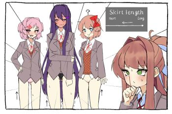 4girls ? @_@ ahoge aroused_nosebleed arrow_(symbol) attribute_slider black_panties blazer blood blue_eyes blush bob_cut border bottomless bow breasts brown_hair brown_sweater_vest cleft_of_venus clenched_hand collared_shirt confused cowboy_shot doki_doki_literature_club doki_doki_literature_club_school_uniform dress_shirt embarrassed english_text eyelashes full-face_blush gluteal_fold green_eyes grey_jacket hacking hair_bow hair_intakes hair_ornament hair_over_shoulder hair_ribbon hairclip hand_on_own_chin high_ponytail jacket lace lace_panties large_breasts light_frown long_hair long_sleeves medium_breasts miham_moni monika_(doki_doki_literature_club) multiple_girls natsuki_(doki_doki_literature_club) neck_ribbon nervous_sweating no_panties nose_blush nosebleed notice_lines open_clothes open_jacket open_mouth panties partially_visible_vulva pink_eyes pink_hair pink_panties ponytail purple_eyes purple_hair pursed_lips pussy raised_eyebrows red_bow red_ribbon ribbon sayori_(doki_doki_literature_club) school_uniform shirt shirttail short_hair side-by-side side-tie_panties small_breasts smile sweat sweatdrop sweater_vest two_side_up underwear very_long_hair wavy_mouth white_border white_ribbon white_shirt x_hair_ornament yuri_(doki_doki_literature_club)