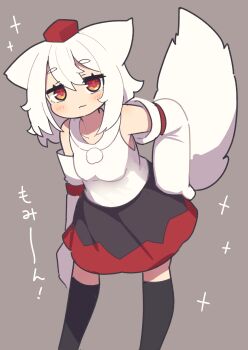1girl animal_ears black_skirt black_thighhighs blush breasts closed_mouth commentary_request detached_sleeves grey_background hat highres inubashiri_momiji long_sleeves looking_at_viewer mini_hat red_eyes red_hat saisoku_no_yukkuri shirt short_eyebrows simple_background skirt sleeveless sleeveless_shirt sleeves_past_fingers sleeves_past_wrists small_breasts solo standing tail thick_eyebrows thighhighs tokin_hat touhou white_hair white_shirt white_sleeves wolf_ears wolf_girl wolf_tail