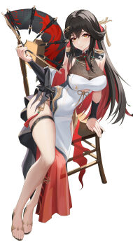 1girl a_san_san absurdres aether_gazer armpit_crease black_collar black_hair black_sleeves breasts chair chinese_commentary cleavage collar colored_inner_hair commentary_request covered_navel detached_sleeves dress feet hair_between_eyes hair_ornament hand_fan hand_up highres holding holding_fan large_breasts legs_together lingguang_(aether_gazer) long_hair looking_at_viewer multicolored_eyes multicolored_hair on_chair orange_eyes pelvic_curtain red_eyes red_hair see-through_cleavage see-through_clothes simple_background sitting skindentation smile solo thigh_strap toes two-tone_eyes white_background white_dress white_sleeves