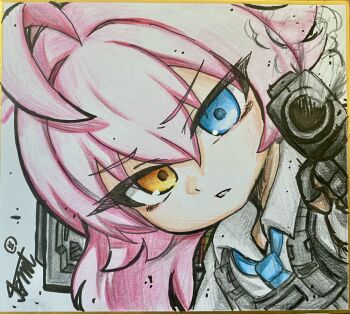 1girl absurdres ahoge blue_archive blue_eyes blue_necktie collared_shirt commentary_request gun hair_between_eyes heterochromia highres holding holding_gun holding_weapon hoshino_(blue_archive) long_hair looking_at_viewer necktie pink_hair school_uniform shikishi shirt signature smoke smoking_barrel solo tactical_school_uniform tomimon traditional_media upper_body weapon white_shirt yellow_eyes