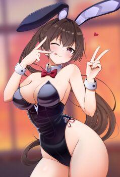 1girl ;p absurdres animal_ear_hairband animal_ears bare_shoulders black_hairband black_leotard blush bow bowtie breasts brown_hair cleavage closed_mouth commentary cowboy_shot curvy detached_collar double_v fake_animal_ears hairband hands_up heart highleg highleg_leotard highres large_breasts leotard long_hair looking_at_viewer megumana one_eye_closed playboy_bunny ponytail purple_eyes rabbit_ear_hairband rabbit_ears red_bow red_bowtie shiny_skin solo standing strapless strapless_leotard suou_yuki thighs tokidoki_bosotto_roshia-go_de_dereru_tonari_no_alya-san tongue tongue_out traditional_bowtie v white_wrist_cuffs wide_hips wrist_cuffs