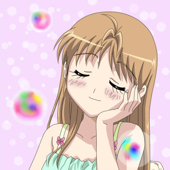 1girl ahoge b-gata_h-kei blonde_hair blush bubble closed_eyes eyelashes facing_viewer green_tank_top hand_on_own_cheek hand_on_own_face head_on_hand head_rest head_tilt imagining long_eyelashes long_hair pink_background polka_dot polka_dot_background portrait rainbow ruko_mino sitting smile solo tank_top yamada_(b-gata_h-kei)