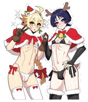 2boys aether_(genshin_impact) ahoge antlers bell bikini black_gloves black_hair blonde_hair blush bow bowtie braid brown_gloves bulge covered_erect_nipples cowboy_shot crossdressing crossdressing_(mtf) deer_tail dress fake_antlers fake_tail fingerless_gloves fur_trim genshin_impact gloves haoro hat highres holding_hands horns long_hair looking_at_viewer micro_bikini mistletoe multiple_boys neck_bell red_bow red_bowtie reindeer_antlers santa_costume santa_dress santa_hat scaramouche_(genshin_impact) shaking standing stomach sweat swimsuit tail thighhighs trap v wanderer_(genshin_impact) white_background white_thighhighs