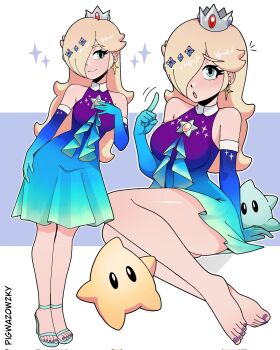 1girl bare_shoulders barefoot blonde_hair blue_eyes breasts brooch commentary crown dress earrings elbow_gloves english_commentary feet gem gem_hair_ornament gloves gradient_clothes hair_over_one_eye highres jewelry long_hair luma_(mario) mario_(series) mario_kart nintendo official_alternate_costume pigwazowzky rosalina rosalina_(aurora) silver_crown star_(symbol) star_brooch star_earrings toes