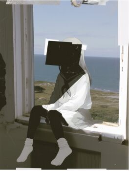 0_11xx 1girl broken_wall censored censored_identity full_body grass grey_hair hands_on_lap highres horizon long_hair neck_ribbon ocean on_windowsill original ribbon school_uniform serafuku socks solo swinging_legs tree white_serafuku white_socks windowsill