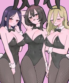 3girls :d alternate_costume animal_ear_hairband animal_ears arm_at_side arm_behind_head arm_under_breasts arm_up armpit_crease between_legs black_bow black_bowtie black_hair black_hairband black_leotard black_pantyhose blonde_hair blush bonnouji_momoha bow bowtie breasts brown_eyes cleavage closed_eyes collarbone commentary covered_navel detached_collar double-parted_bangs embarrassed fake_animal_ears female_focus fishnet_pantyhose fishnets hair_between_eyes hairband hand_between_legs highres kimi_no_koto_ga_dai_dai_dai_dai_daisuki_na_100-nin_no_kanojo kuchiha_chiru3 large_breasts leotard long_hair long_hair_between_eyes looking_at_viewer medium_hair morikita_kimari multiple_girls open_mouth pantyhose parted_bangs pink_background playboy_bunny rabbit_ears rabbit_tail red_eyes simple_background smile strapless strapless_leotard tail teacher tearing_up thigh_gap trait_connection wrist_cuffs yamato_nadeshiko_(hyakkano)