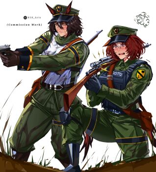 2girls air_shakur_(umamusume) animal_ears belt black_belt black_gloves black_hair blush body_armor brown_gloves brown_hair bulletproof_vest closed_mouth commentary commission ears_through_headwear english_commentary gloves green_jacket green_pants green_shirt gun hair_between_eyes handgun hat highres holding holding_gun holding_weapon horse_ears horse_girl jacket kneeling long_hair long_sleeves meisho_doto_(umamusume) military military_combat_uniform military_hat military_uniform multicolored_hair multiple_girls n10_arts open_mouth pants peaked_cap purple_eyes rifle scar scar_on_face shirt short_hair soldier tail two-tone_hair umamusume weapon yellow_eyes