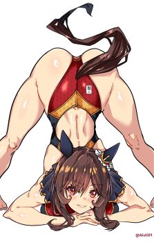 1girl absurdres aiuti alternate_costume animal_ears artist_name ass back_cutout bare_arms barefoot biceps blush braid braided_hair_rings brown_hair brown_tail clothing_cutout commentary_request competition_swimsuit ear_ornament gentildonna_(umamusume) hair_rings heart_ear_ornament highleg highleg_one-piece_swimsuit highres horse_ears horse_girl horse_tail jack-o'_challenge legs_apart long_hair looking_at_viewer multicolored_swimsuit one-piece_swimsuit red_eyes red_one-piece_swimsuit sidelocks simple_background smile solo swimsuit tail textless_version thighs toes top-down_bottom-up umamusume variant_set white_background
