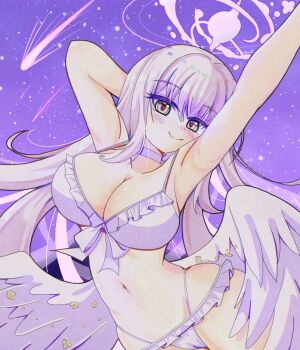 1girl angel_wings armpits arms_up bikini blue_archive breasts cleavage collarbone commentary_request flukechan frilled_bikini frills halo highres large_breasts long_hair looking_at_viewer low_wings mika_(blue_archive) mika_(swimsuit)_(blue_archive) navel official_alternate_costume official_alternate_hairstyle pink_hair pink_halo solo stomach swimsuit white_bikini white_wings wings yellow_eyes