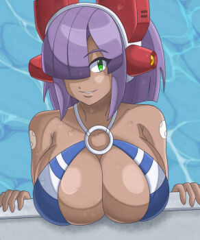 1girl android artist_name bikini blue_bikini blunt_bangs breasts cleavage dark-skinned_female dark_skin day eye_contact green_eyes hair_over_one_eye headgear hime_cut joints large_breasts layer_(mega_man) long_hair looking_at_another looking_at_viewer mega_man_(series) mega_man_x_(series) mega_man_x_dive navigator o-ring o-ring_bikini official_alternate_costume outdoors partially_submerged pool purple_hair robot_ears robot_girl robot_joints rockmangrave shiny_skin smile solo striped_bikini striped_clothes summer swimsuit twitter_username upper_body water watermark wet