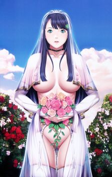1girl artbook blue_eyes blue_sky breasts clover_hair_ornament dress facing_viewer flower furret_(flower_garden) hair_ornament highres large_breasts long_hair non-web_source official_art p/a_~potential_ability~ sei_shoujo sky takajou_yuna thighhighs wedding_dress