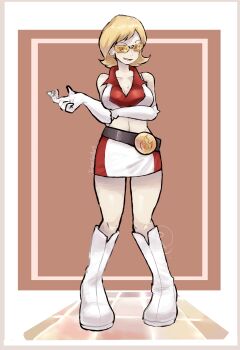 1girl bare_shoulders belt black_belt blonde_hair boots breasts cleavage collarbone collared_shirt commission crop_top elbow_gloves gloves go-rock_squad go-rock_squad_grunt_(pokemon) highres midriff mixed-language_commentary nintendo open_mouth pixiv_commission pokemon pokemon_ranger_(series) pokemon_ranger_1 ragou2niko shirt short_hair skirt sleeveless sleeveless_shirt smile solo standing tinted_eyewear variant_set white_boots white_gloves white_shirt white_skirt yellow-tinted_eyewear