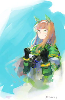 Rule 34 | 1girl, absurdres, animal ears, bad link, black gloves, blush, brown hair, capelet, clenched hands, closed mouth, dated, ear covers, floating hair, gloves, green eyes, hairband, hands up, highres, horse ears, jacket, light smile, long hair, long sleeves, looking ahead, silence suzuka (innocent silence) (umamusume), silence suzuka (umamusume), solo, umamusume, upper body, very long hair, wista